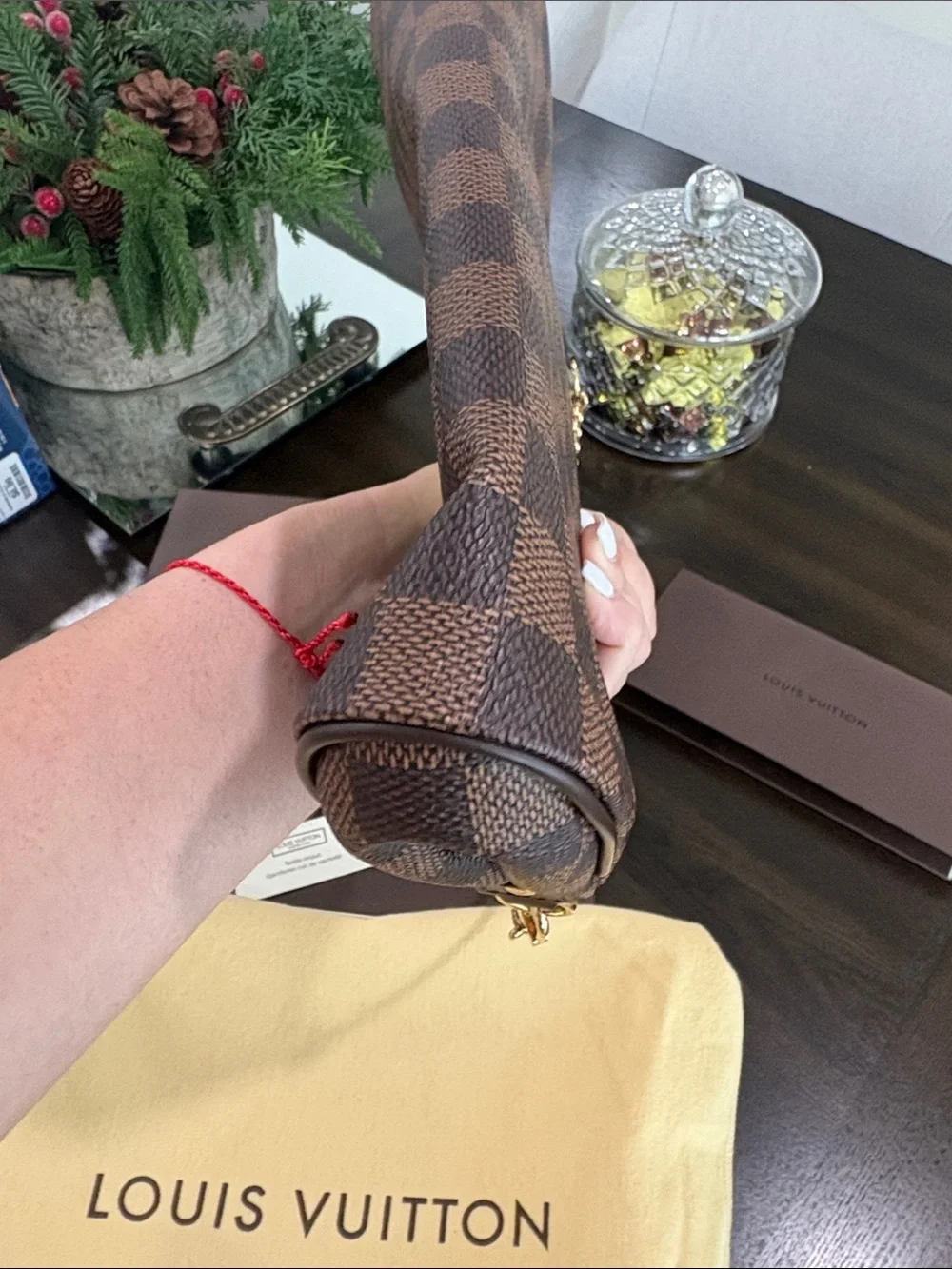 Louis Vuitton Eva Brown Damier Ebene Chain Wristlet Clutch with Gold Plaque